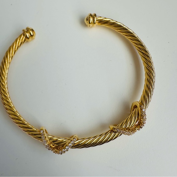 Luxury Gold-Tone Cuff Bracelet with Sparkling Simulated Diamonds - Picture 3 of 11